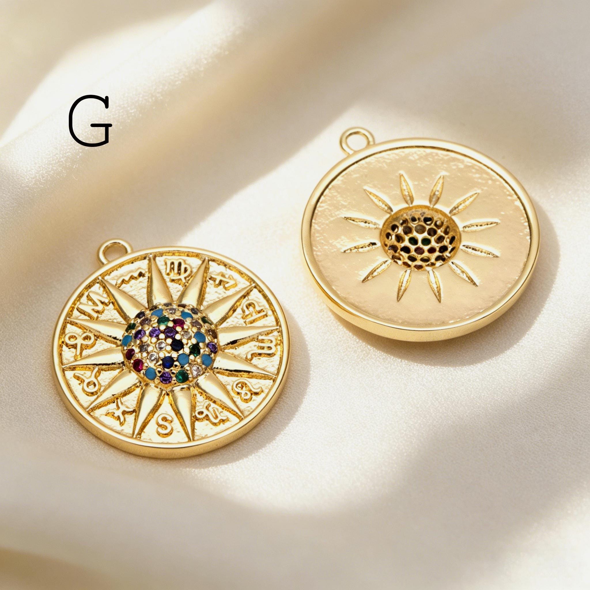 4pcs Gold Round Sun Charms , 18K Gold plated Brass, Disk Sun Pendants (GB-1232)
